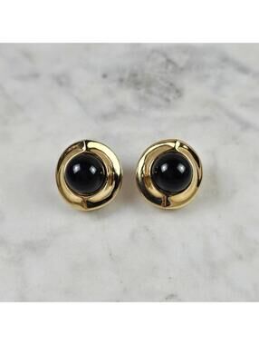 Givenchy Paris New York Gold Tone Black Cabochon Earrings